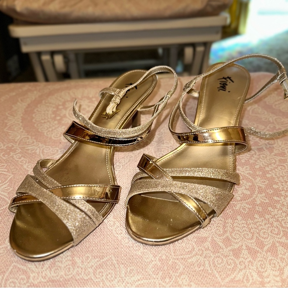 Gold Glitter Strappy Faux Leather Heels - Size 8